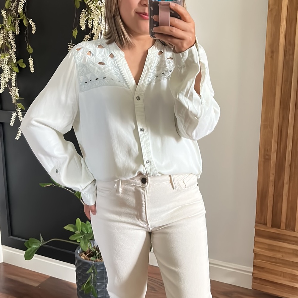 Anthropologie White Eyelet Button-Down Shirt